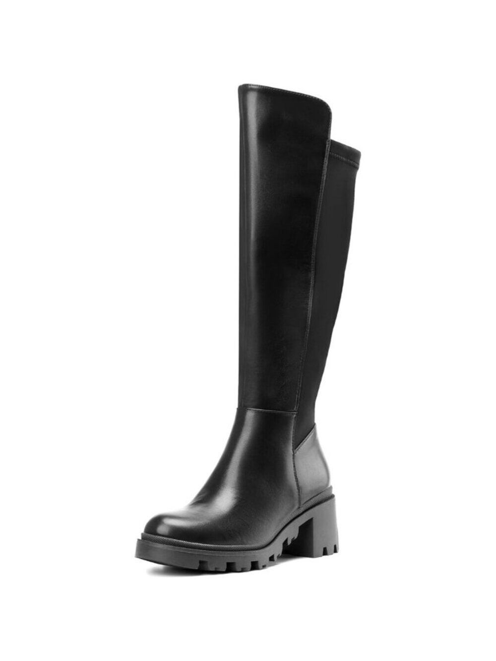 Women's Black Knee High Comfortable Platform Heel Round Toe Stretch Boots